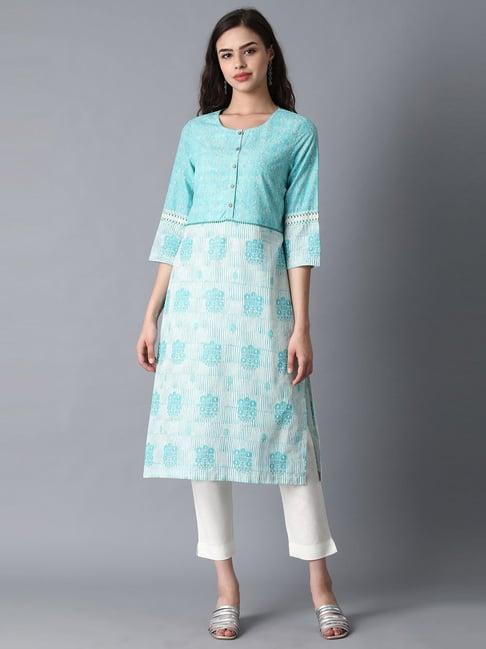 w cyan blue cotton printed straight kurta