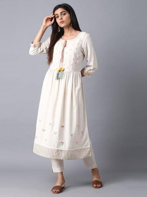 w beige embroidered a line kurta