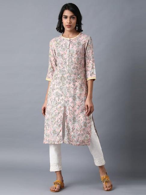 w baby pink floral print straight kurta