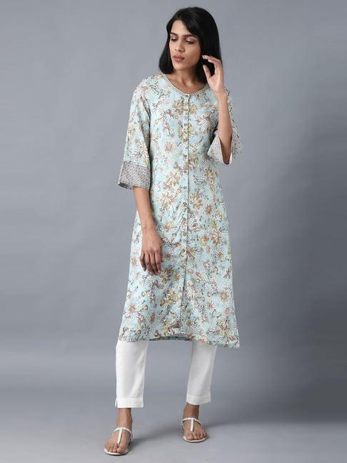 w sky blue floral print straight kurta