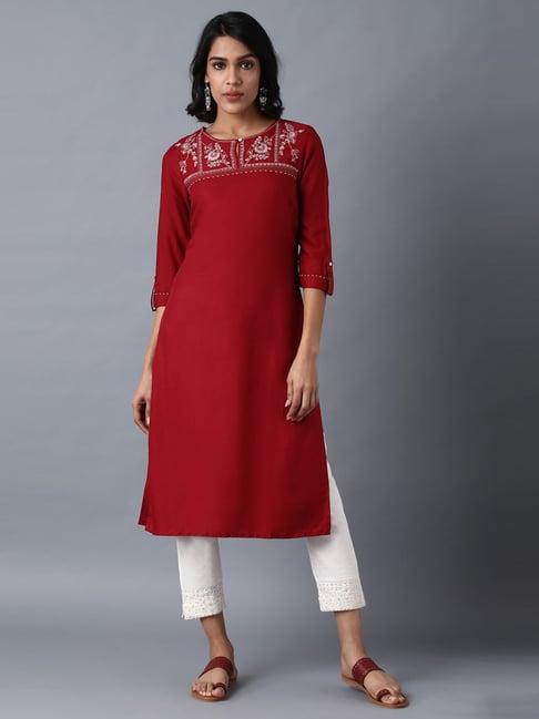 w maroon embroidered straight kurta