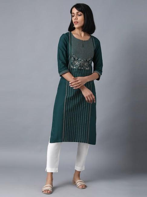 w bottle green cotton embroidered straight kurta