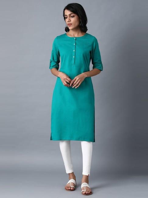 w turquoise cotton straight kurta