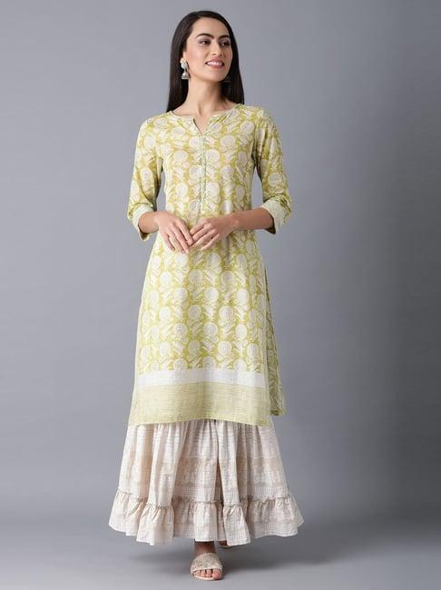 w olive green cotton floral print straight kurta