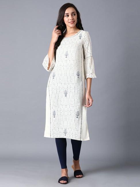 w off-white polka dots straight kurta