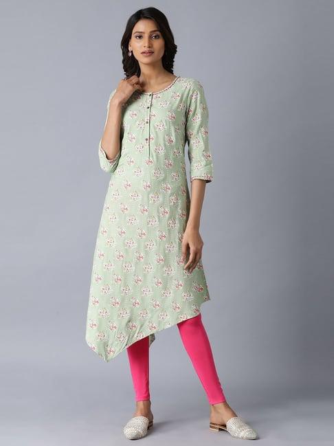 w mint green floral print high low kurta