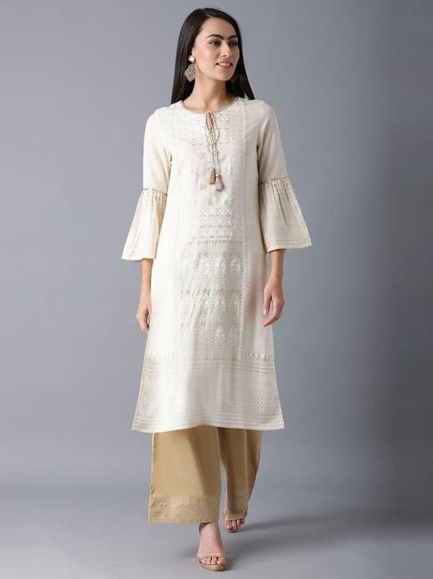 w cream floral print straight kurta