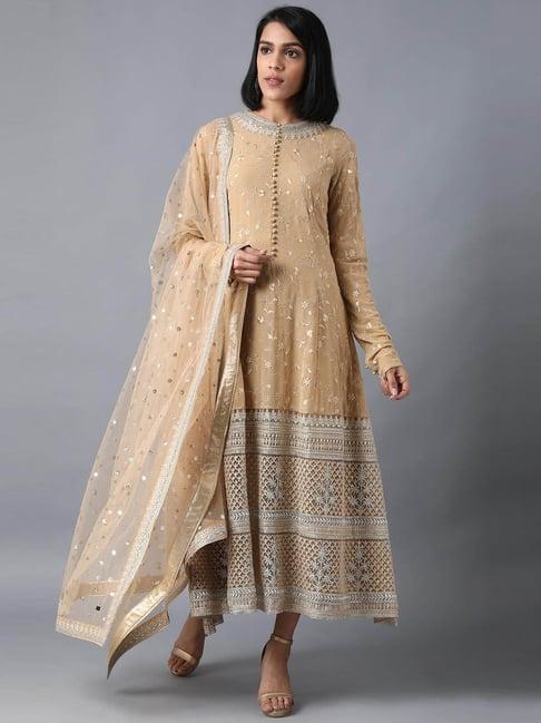 wishful golden embroidered dress with dupatta