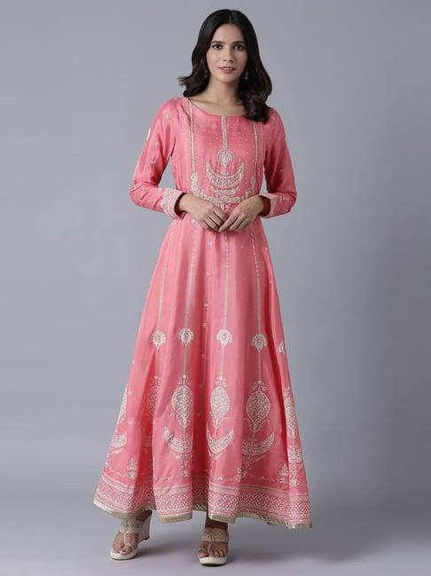 w pink embroidered a line kurta