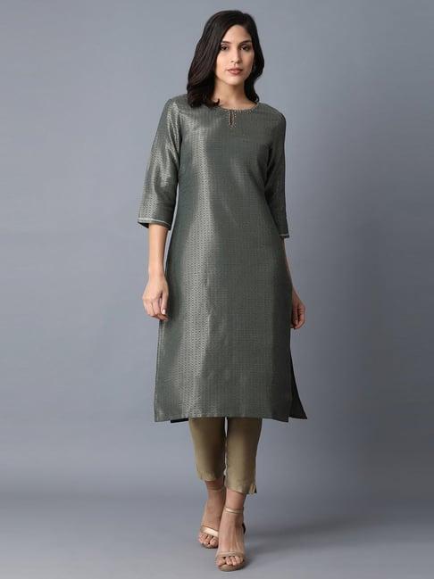 w sage green woven pattern straight kurta