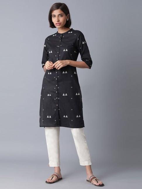 w black cotton printed straight kurta