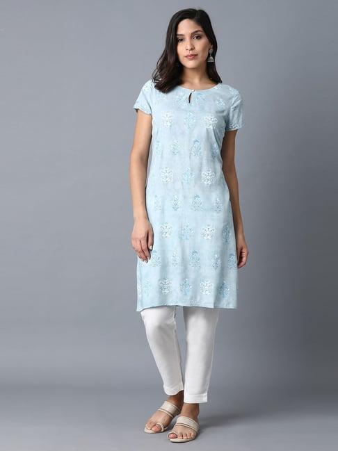 w sky blue floral print straight kurti