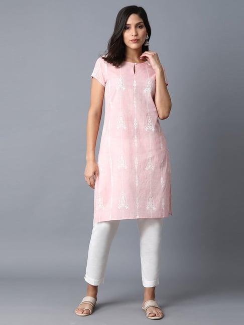 w women pink floral print cotton straight kurta