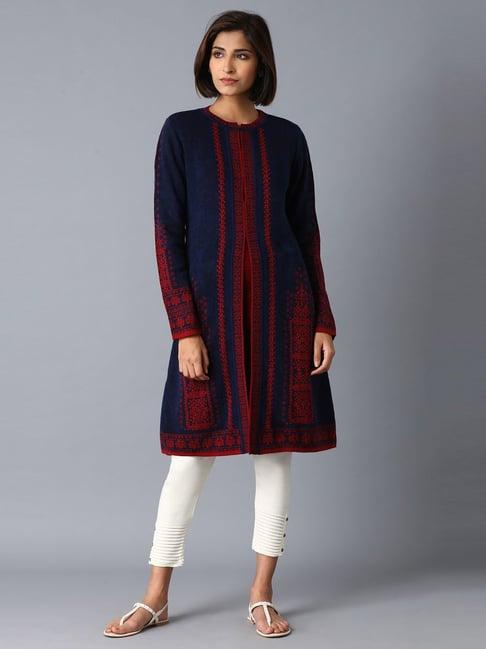 w navy & red printed cardigan