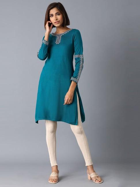 w blue regular fit straight kurti