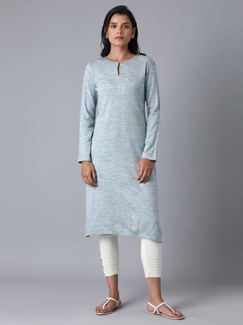 w powder blue embroidered straight kurta