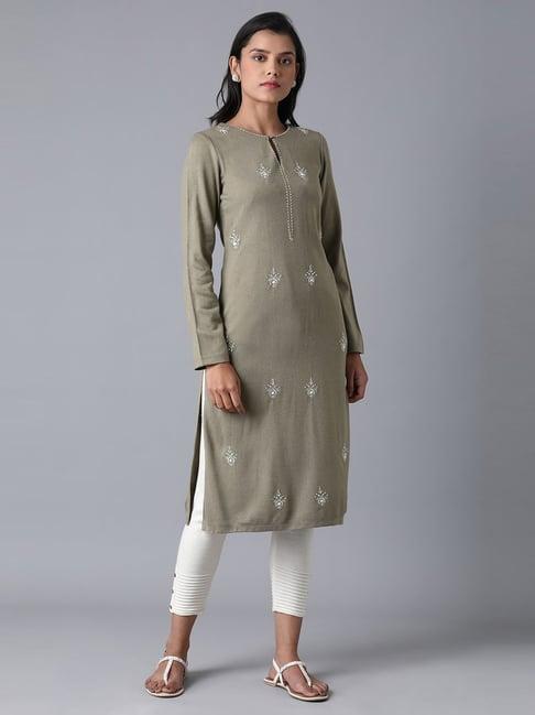 w sage green embroidered straight kurta