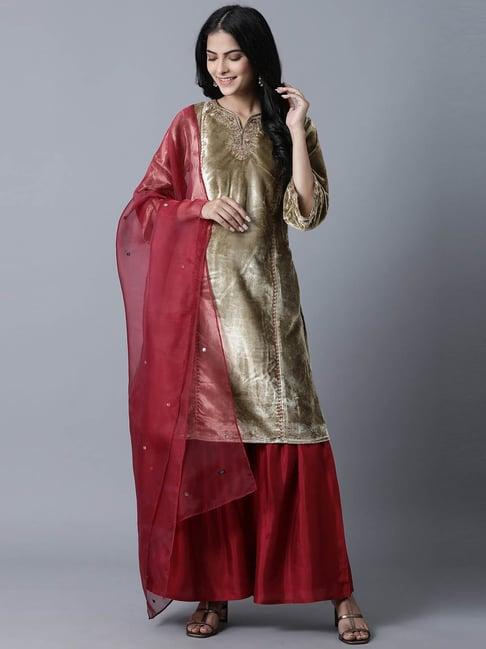 wishful by w gold & red embellished kurta with sharara & dupatta