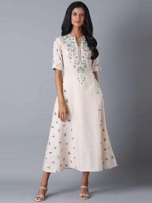 w beige embroidered a-line dress