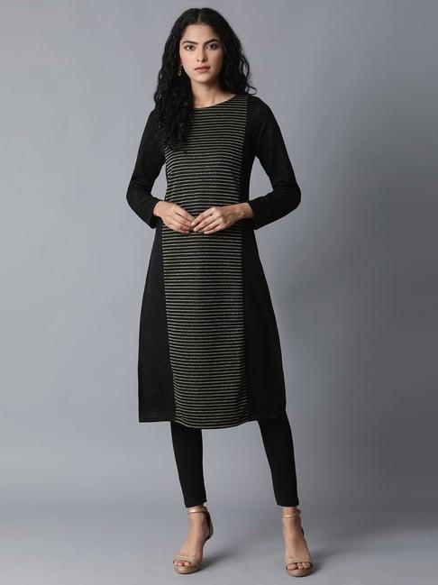 w black round neck striped kurta