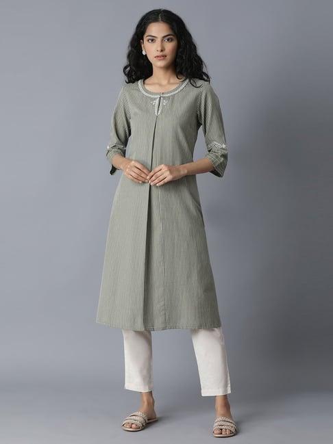 w green round neck striped kurta