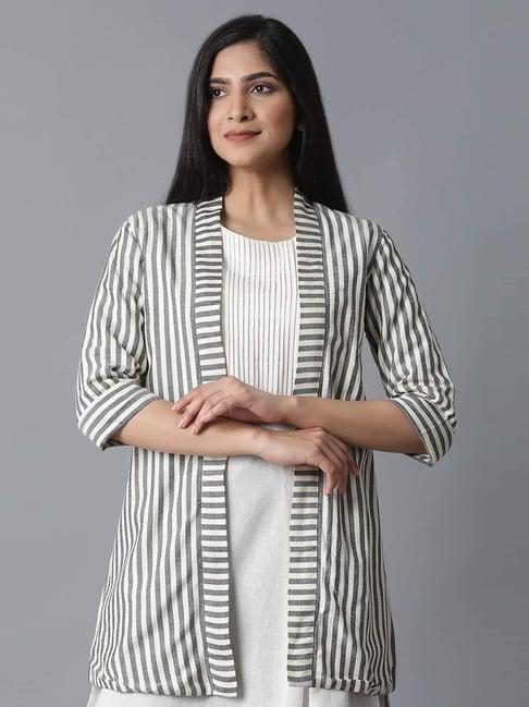 w beige & black striped shrug