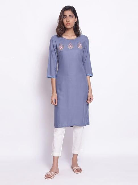 w blue embroidered straight kurta