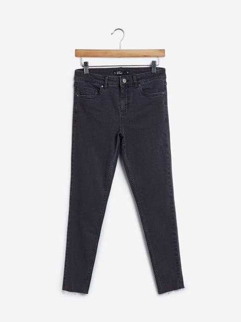 nuon by westside grey mid-waist skinny raw hem jeans