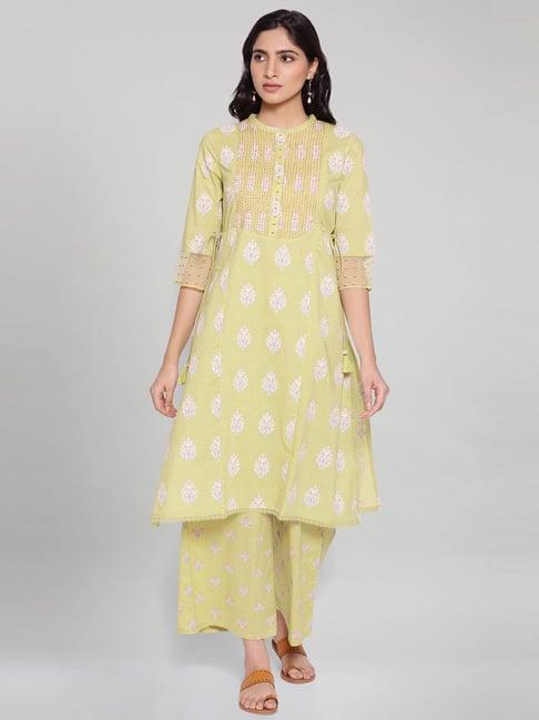 w green cotton embroidered kurta palazzo set