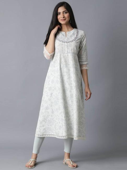 w beige cotton embroidered kurta tight set