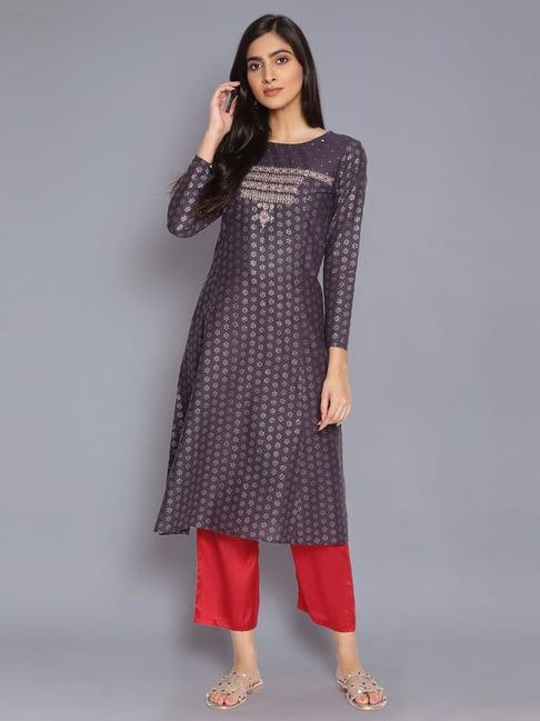 w navy blue floral kurta with embroidery