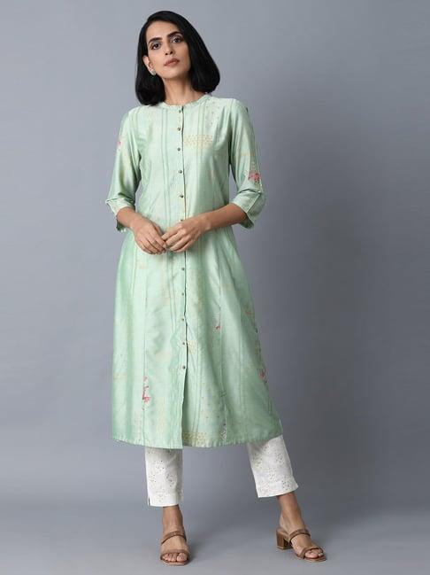 w mint green floral print kurta