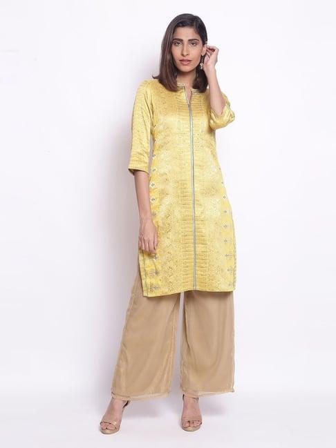 w yellow floral jacquard kurta