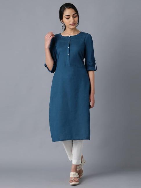 w blue cotton straight kurta