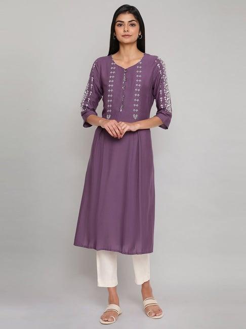 w purple embroidered straight kurta