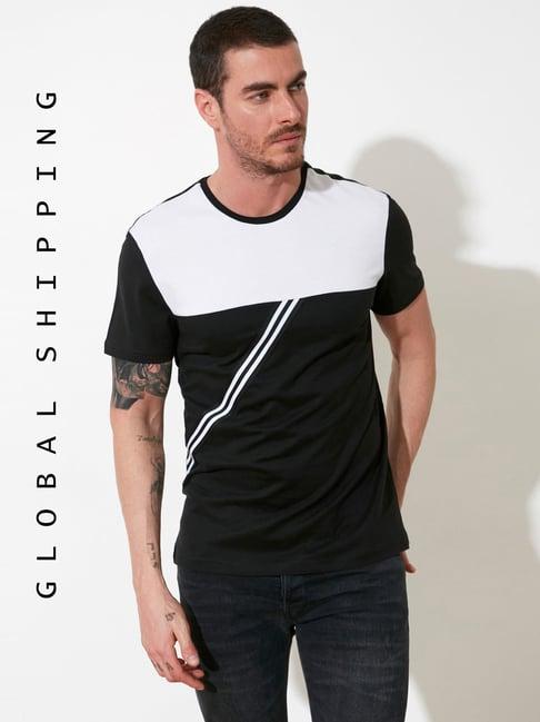 trendyol black & white cotton regular fit colour block t-shirt