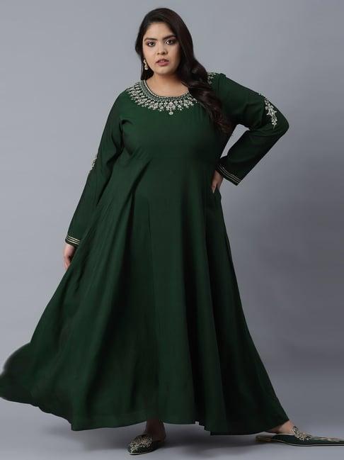 w bottle green embroidered a line kurta