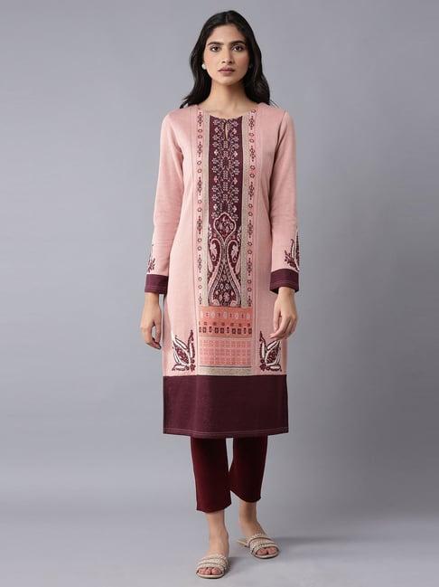 w pink woven pattern straight kurta