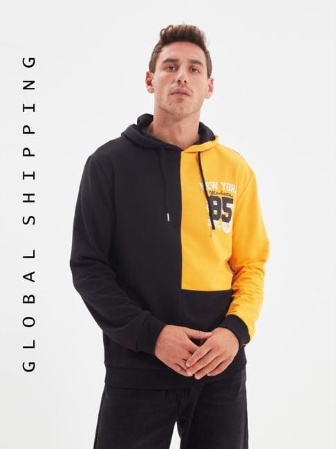 trendyol black & yellow regular fit colour block hooded sweatshirt