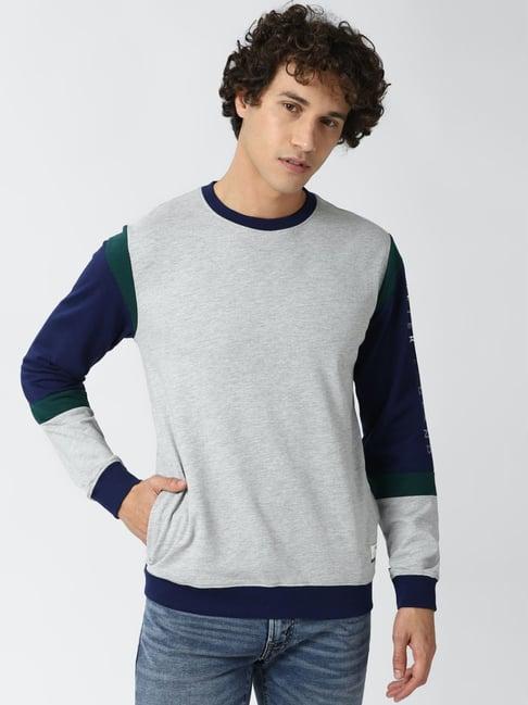 peter england jeans grey & navy slim fit colour block sweatshirt