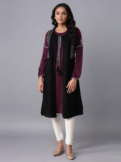 w black & purple woven pattern a line kurta