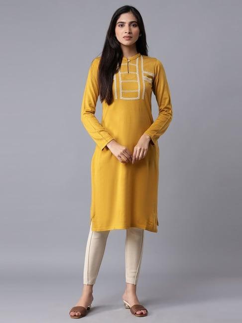 w yellow embroidered straight kurta