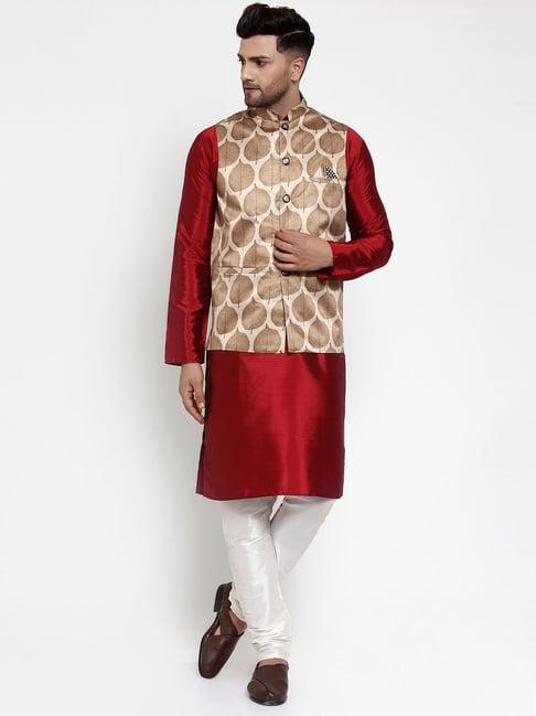 jompers brown regular fit printed kurta set & nehru jacket