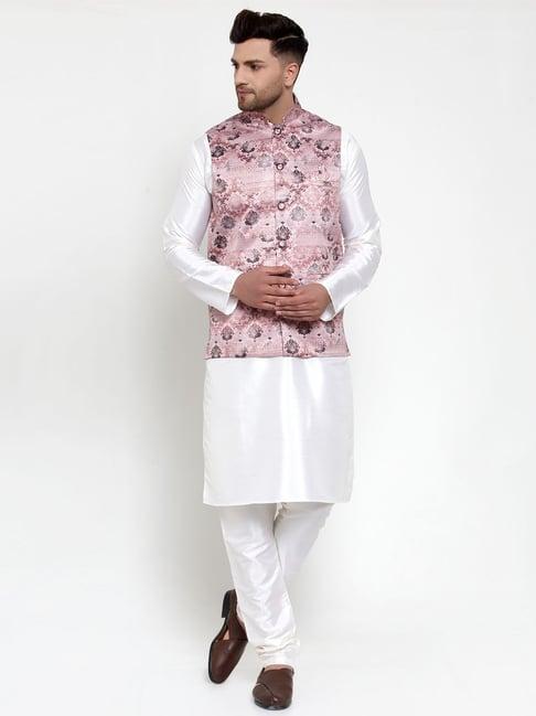 jompers pink regular fit floral print kurta set & nehru jacket