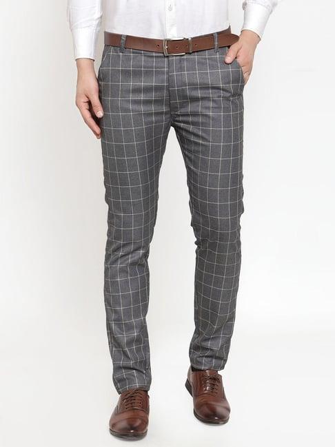 jainish grey cotton tapered fit checks flat front trousers