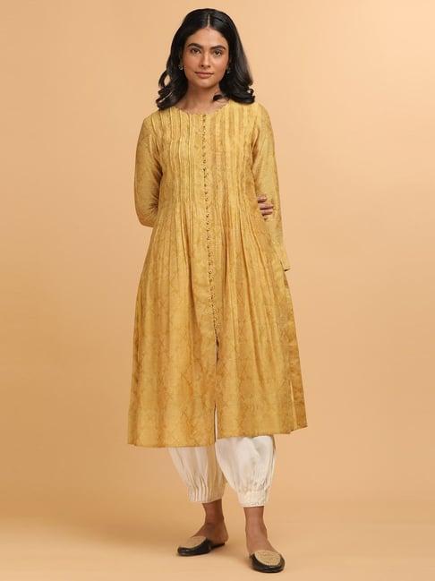 folksong by w yellow cotton floral print flared kurta