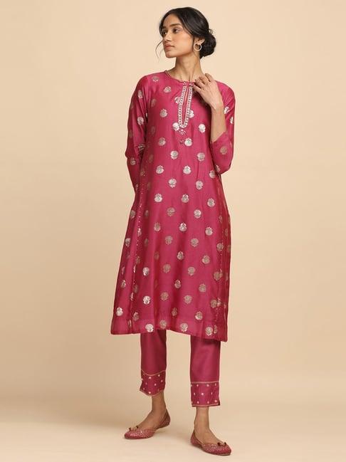 folksong by w pink cotton embellished a line kurta