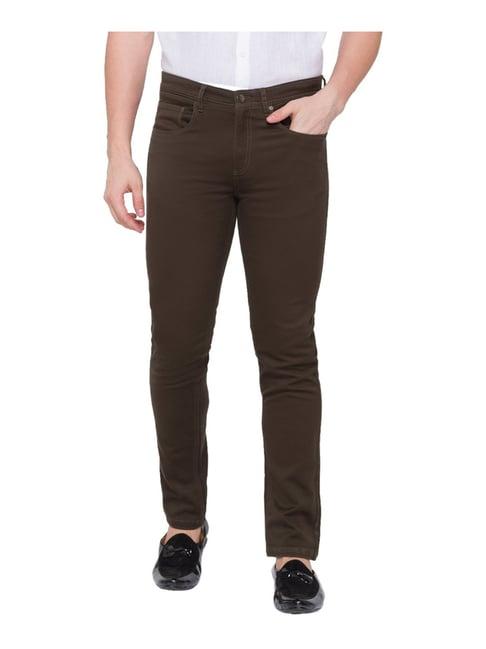 spykar brown cotton slim fit trousers