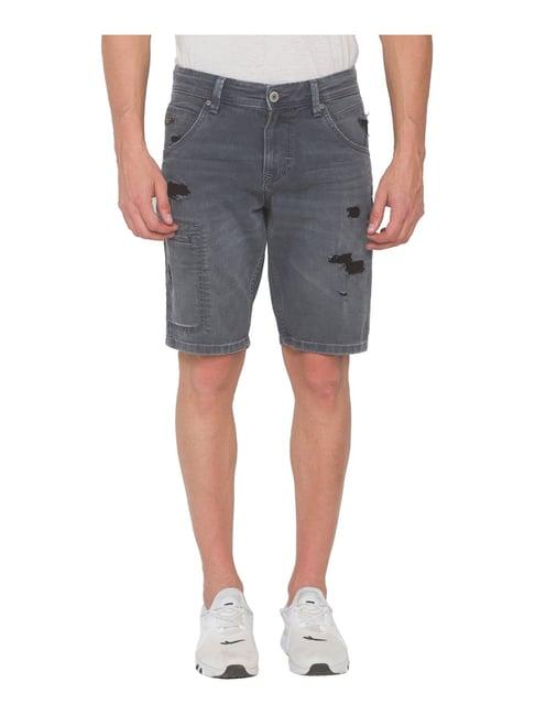 spykar grey cotton relaxed fit distressed shorts