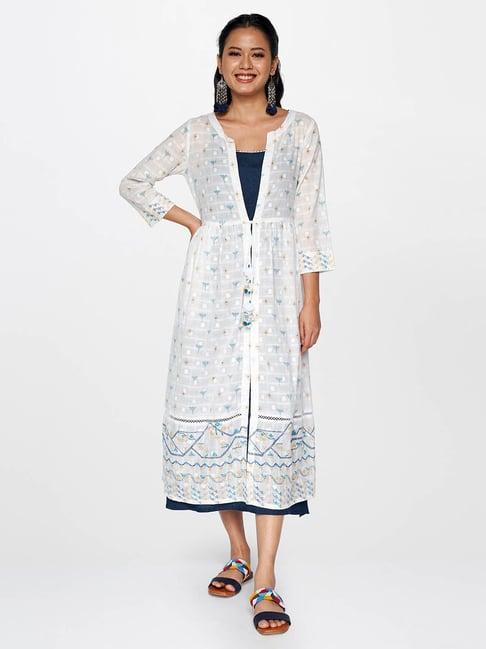 global desi white & navy printed kurta with shrug